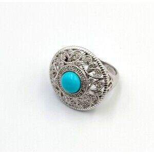 Elizabeth Adams Sterling Silver 925 Turquoise Diamond Accents Ornate Ring Sz 8